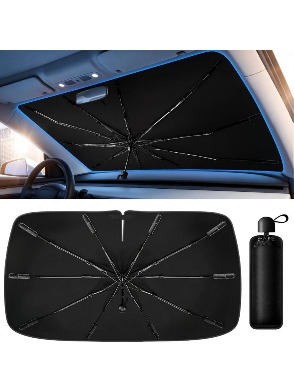 Foldable Car Windshield Sun Shade Umbrella, UV Heat Insulation Cover for Sedans